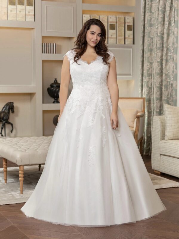Robe de mariée princesse grande taille en tulle Curvy modèle 23805 vue d'ensemble - Taille 56