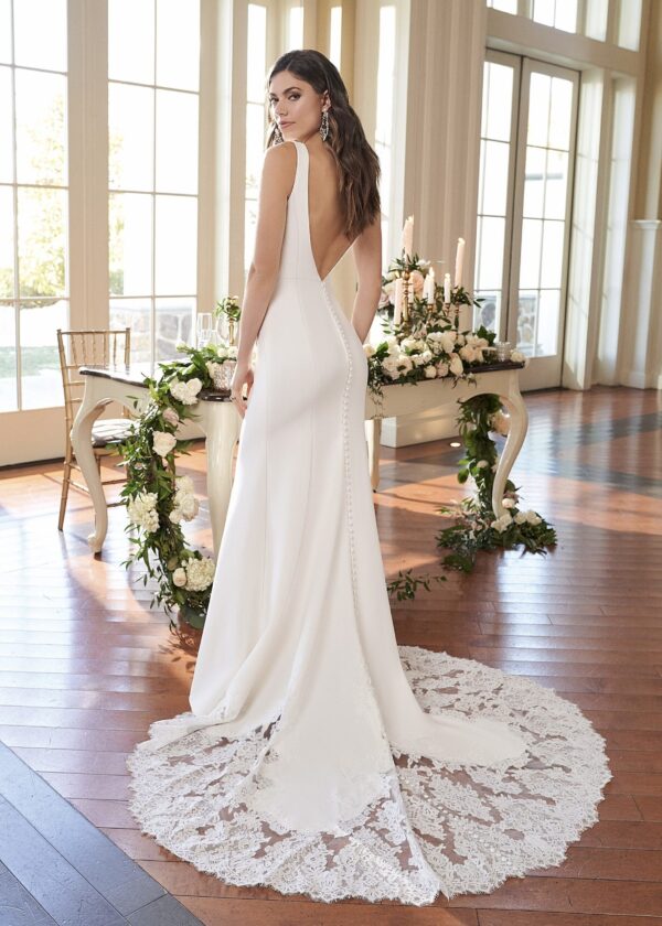 Vue arrière d'une robe de mariée élégante avec une traîne en dentelle et un décolleté en V plongeant