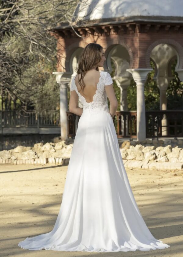 Vue arrière d'une robe de mariée en dentelle délicate avec un dos ouvert en forme de V, manches courtes festonnées et une jupe fluide tombant en cascade, parfaite pour une célébration élégante