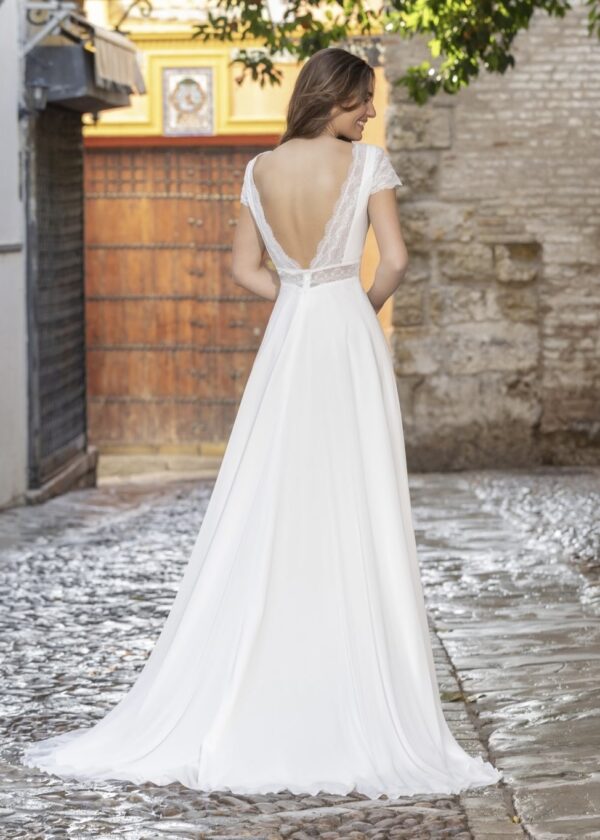 Vue de dos d'une robe de mariée élégante avec un décolleté en V plongeant et une longue traîne fluide