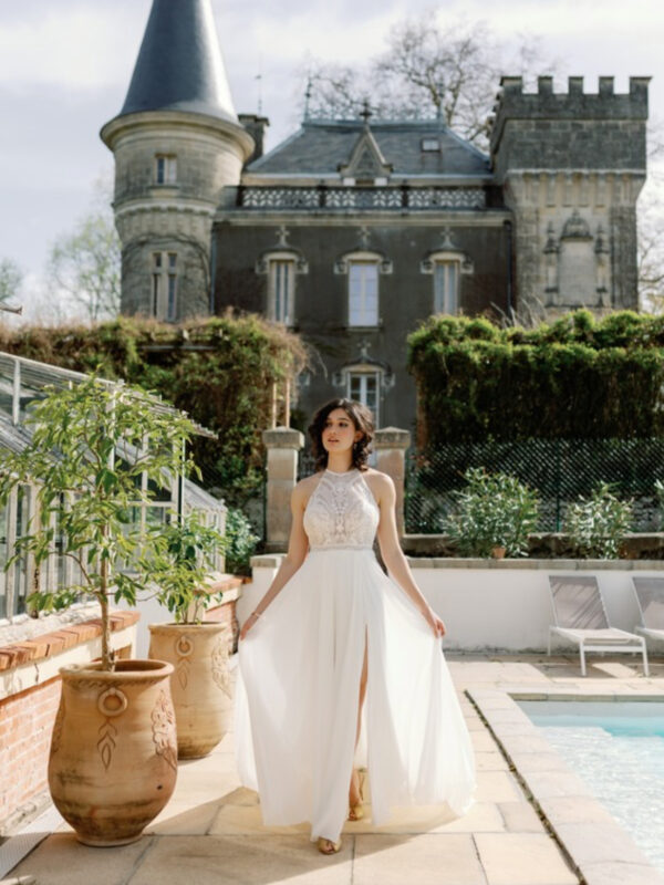 Robe de mariée trapèze en mousseline Angeola modèle Tendy vue d'ensemble - Taille 38