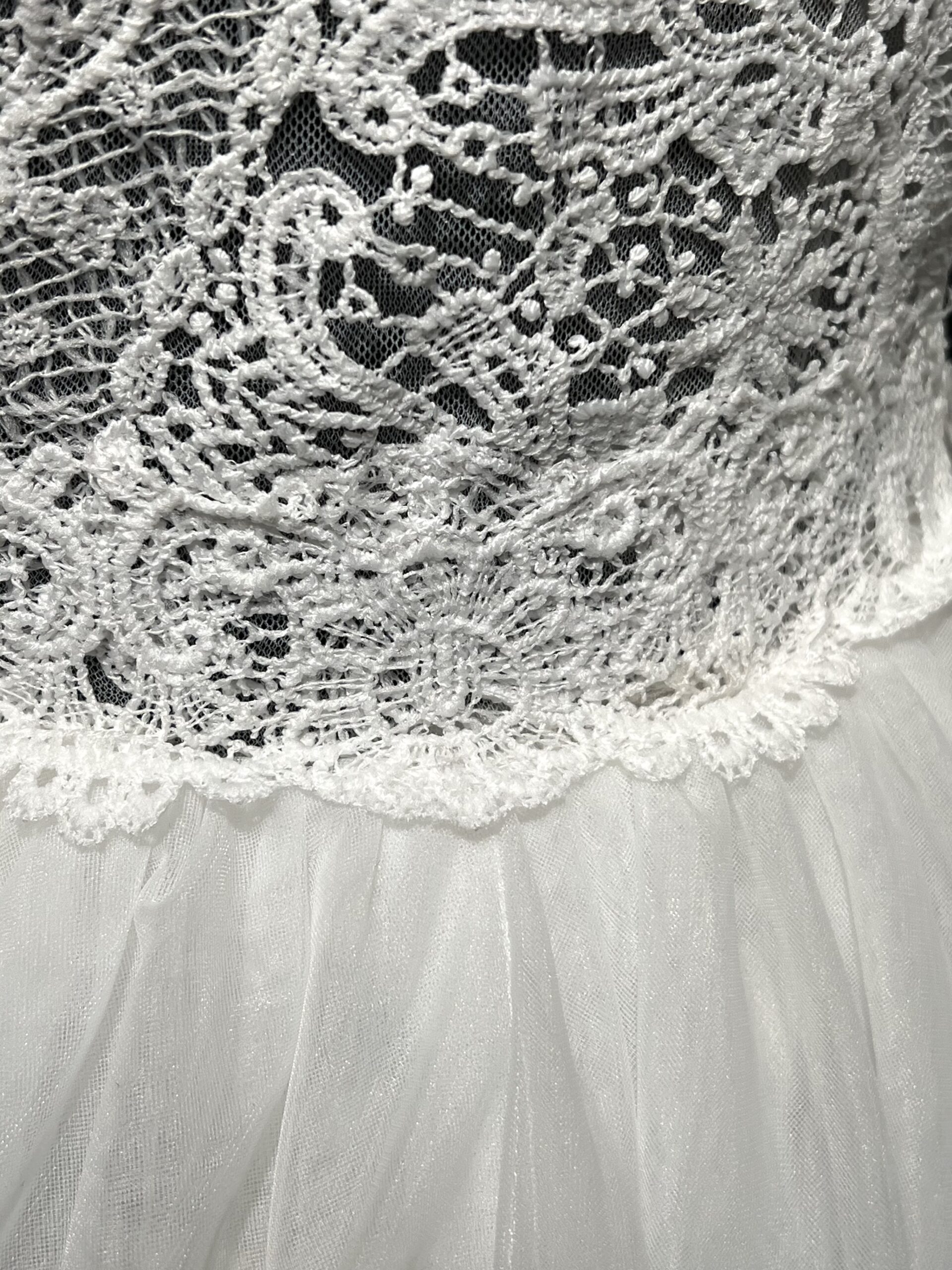 Robe de mariée élégante, manches longues en dentelle, décolleté en V, jupe en tulle fluide.