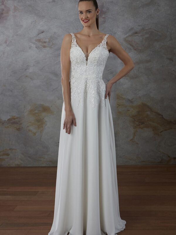 Robe de mariée trapèze en mousseline Couture Nuptiale Rhonda vue d'ensemble