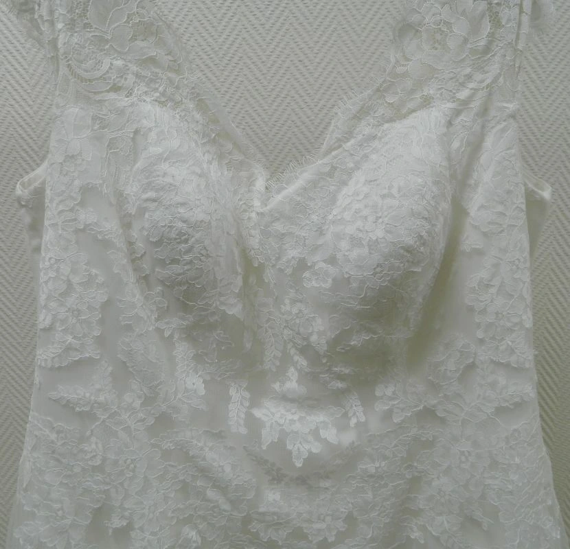 Gros plan sur le bustier en cœur avec décolleté en V et appliqués de dentelle florale de la robe de mariée princesse grande taille 23805 de Curvy.