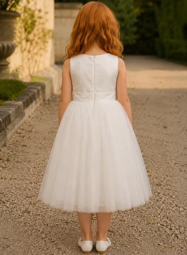 Robe blanche de cérémonie pour enfant modèle Anouk par Petite Folie, vue de dos entière en satin brillant et jupon en tulle pailleté.