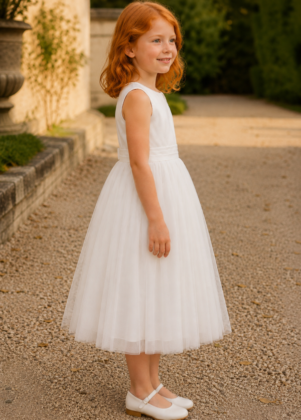 Robe blanche de cérémonie pour enfant modèle Anouk par Petite Folie, vue de profil en satin brillant et tulle pailleté.