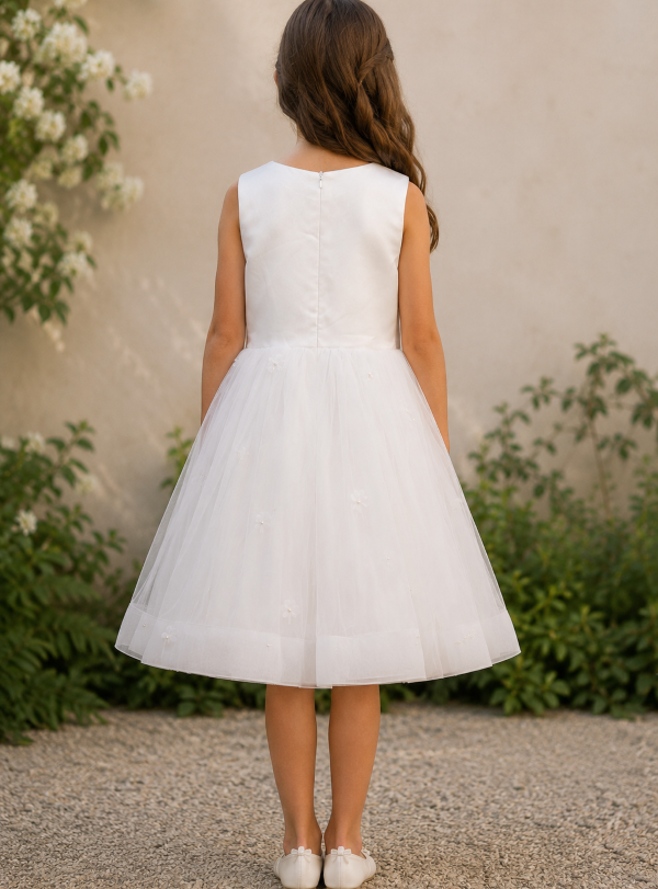 Vue de dos entière de la robe de cérémonie pour fillette Tiffany de Petite Folie en satin blanc et jupon de tulle.