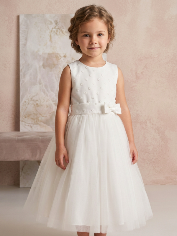 Robe de cérémonie pour fillette modèle Paloma en blanc naturel, avec bustier brodé de petites fleurs, ceinture à nœud et jupe en tulle vaporeux, vue de face.