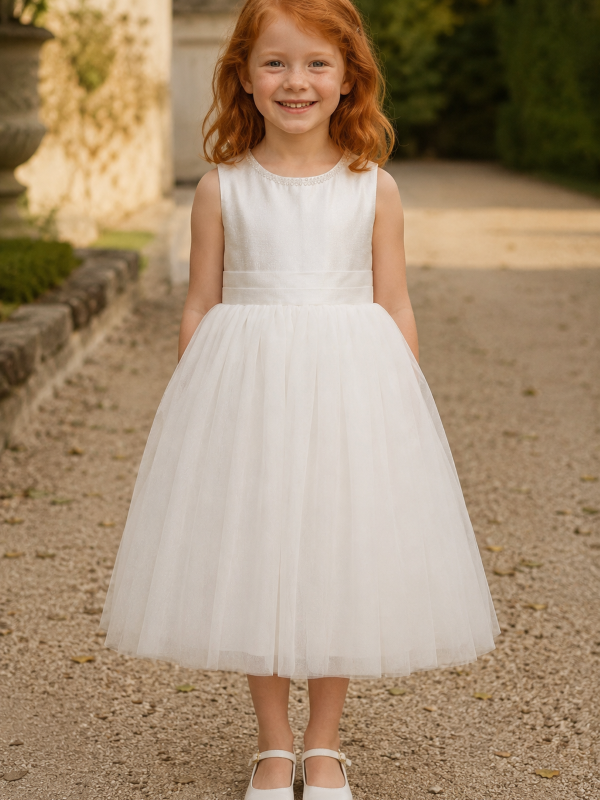 Robe blanche de cérémonie pour fillette modèle Anouk par Petite Folie, en satin brillant avec col perlé et jupe en tulle pailleté, vue de face.