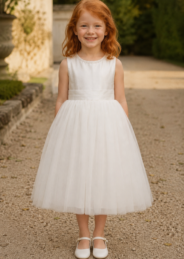 Robe blanche de cérémonie pour fillette modèle Anouk par Petite Folie, en satin brillant avec col perlé et jupe en tulle pailleté, vue de face.