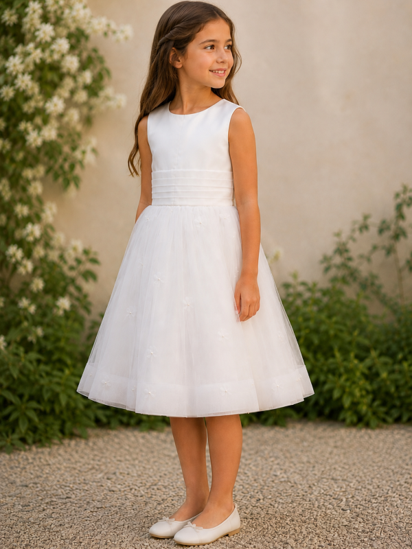 Robe blanche de cérémonie pour enfant modèle Tiffany par Petite Folie, vue de trois-quarts côté en extérieur.