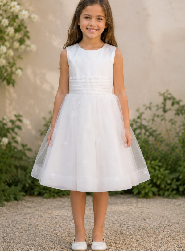 Robe de cortège blanche pour fillette modèle Tiffany par Petite Folie, en satin et tulle brodé de petites fleurs, vue de face.