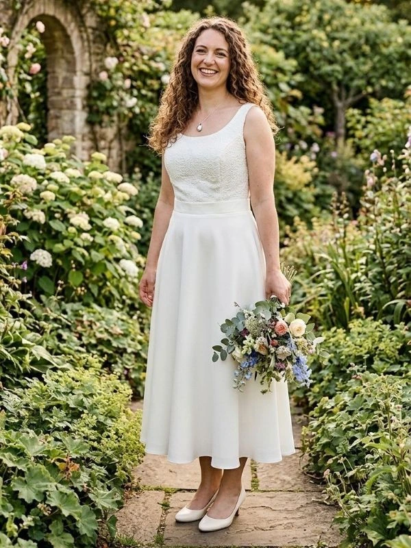 Robe de mariée courte et moderne Alessia par Allen Rich, avec bustier en dentelle, ceinture marquant la taille et jupe en crêpe fluide, vue de face sur mannequin.