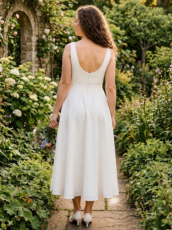 Robe de mariée courte modèle Alessia par Allen Rich, vue de dos sur mannequin mettant en valeur un décolleté dos nu arrondi en dentelle.