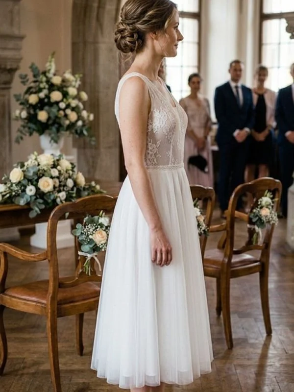 Robe de mariée courte modèle Kasmira par Te Amo vue de côté, mettant en valeur le profil du bustier en dentelle et la fluidité de la jupe midi en tulle.