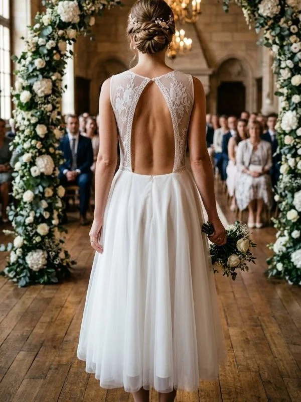 Robe de mariée courte modèle Kasmira par Te Amo vue de dos, mettant en valeur un grand dos nu graphique en losange encadré de dentelle et une jupe midi en tulle.