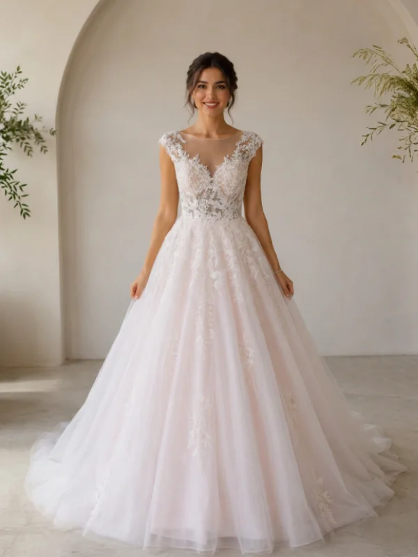 Robe de mariée princesse modèle Pivoine par Petite Folie avec dentelle délicate et jupe en tulle pailleté, vue de face