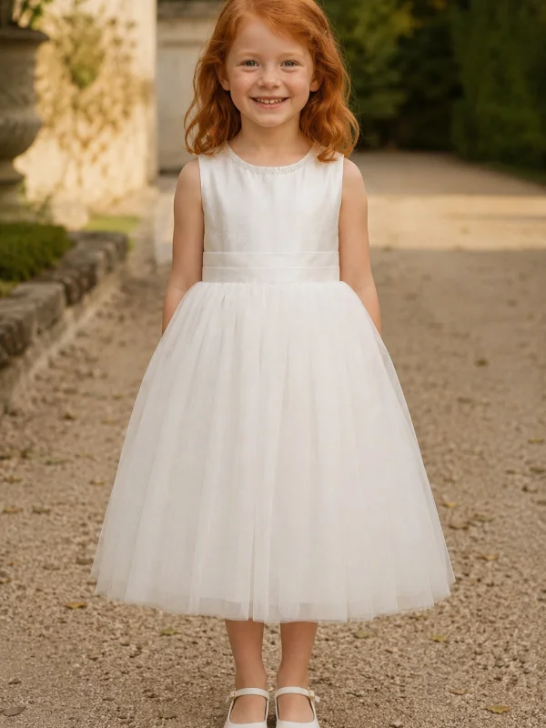 Robe blanche de cérémonie pour fillette modèle Anouk par Petite Folie, en satin brillant avec col perlé et jupe en tulle pailleté, vue de face.