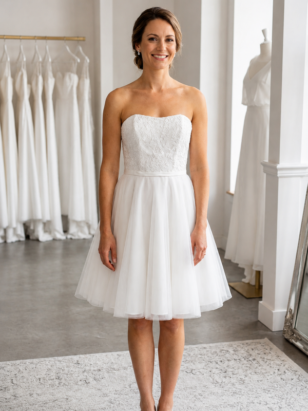 Robe de mariée courte modèle NC2924 par Nana Couture, vue de face entière avec bustier cœur en dentelle florale et jupe patineuse en tulle blanc.