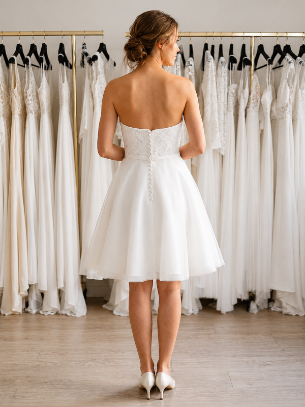 Robe de mariée courte modèle NC2924 par Nana Couture, vue de dos entière, montrant le bustier droit en dentelle avec boutonnière et la jupe patineuse en tulle blanc.