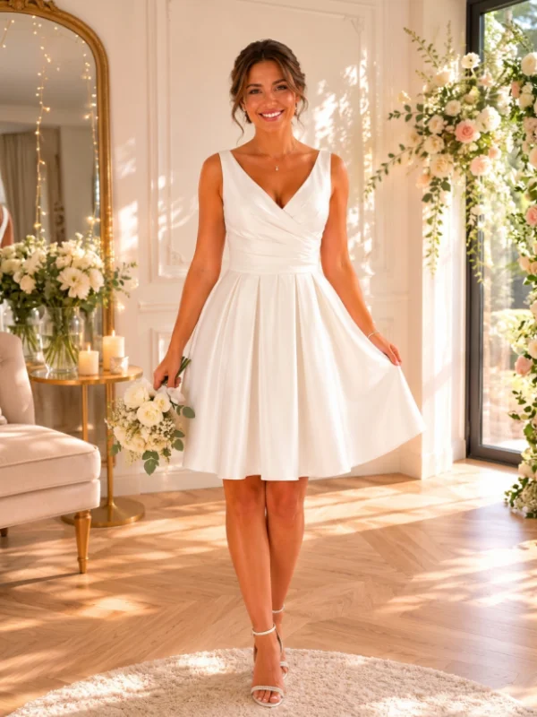 Robe de mariée courte en crêpe fluide signée Ellebeline modèle RC8291, vue de face dans un intérieur lumineux, idéale pour une cérémonie civile.