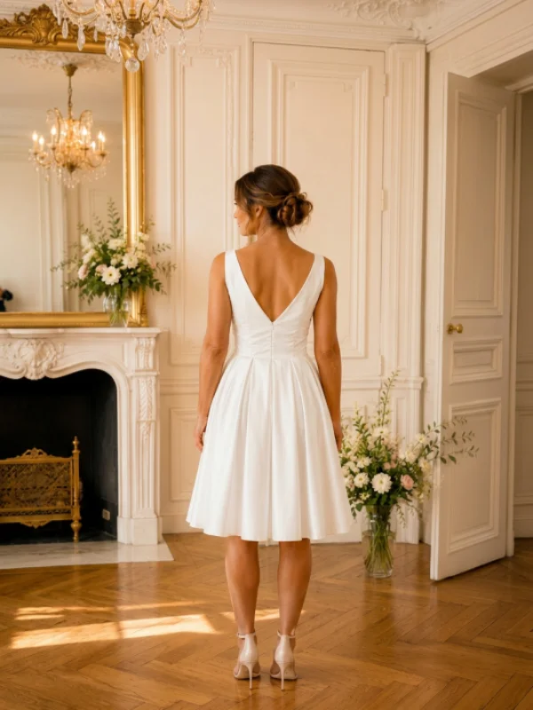 Vue de dos de la robe de mariée courte en crêpe Ellebeline modèle RC8291, mettant en avant la coupe épurée et le tombé fluide de la jupe.