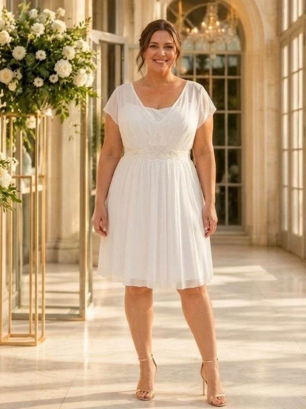 Robe de mariée courte blanche modèle NY2779 par Fashion New York en taille 46, avec décolleté en V drapé, manches papillon et ceinture en dentelle, vue de face.