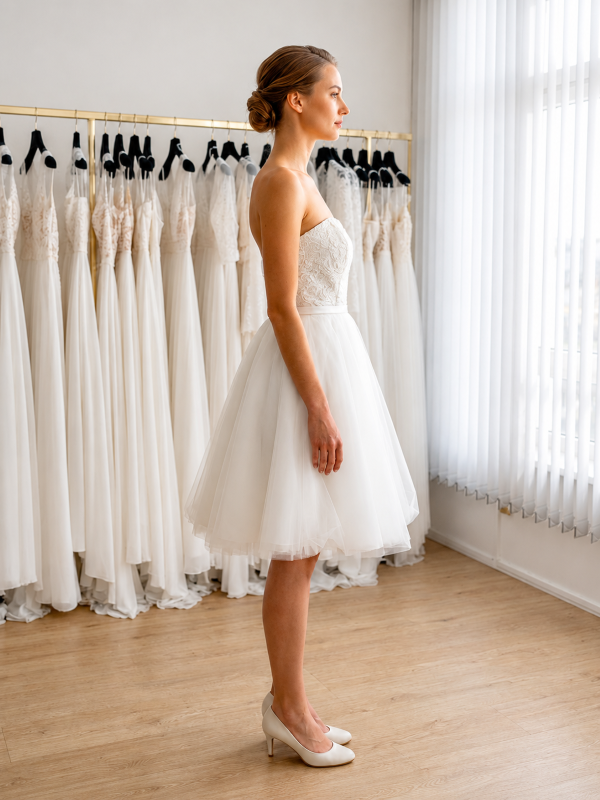 Robe de mariée courte modèle NC2924 par Nana Couture, vue de profil entière montrant la silhouette du bustier en dentelle et le volume de la jupe patineuse en tulle.