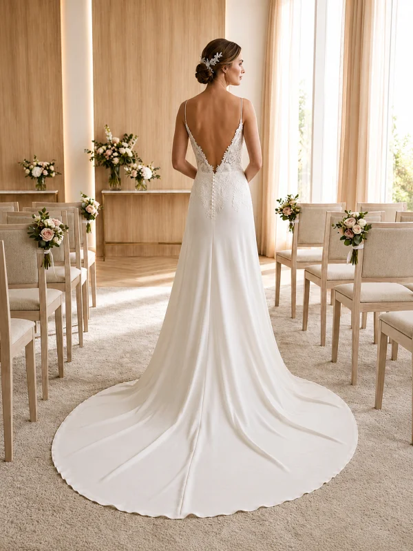 Vue de dos de la robe de mariée trapèze minimaliste modèle Levira par Alma Novia, mettant en avant le dos nu, la rangée de boutons et la longue traîne en crêpe.