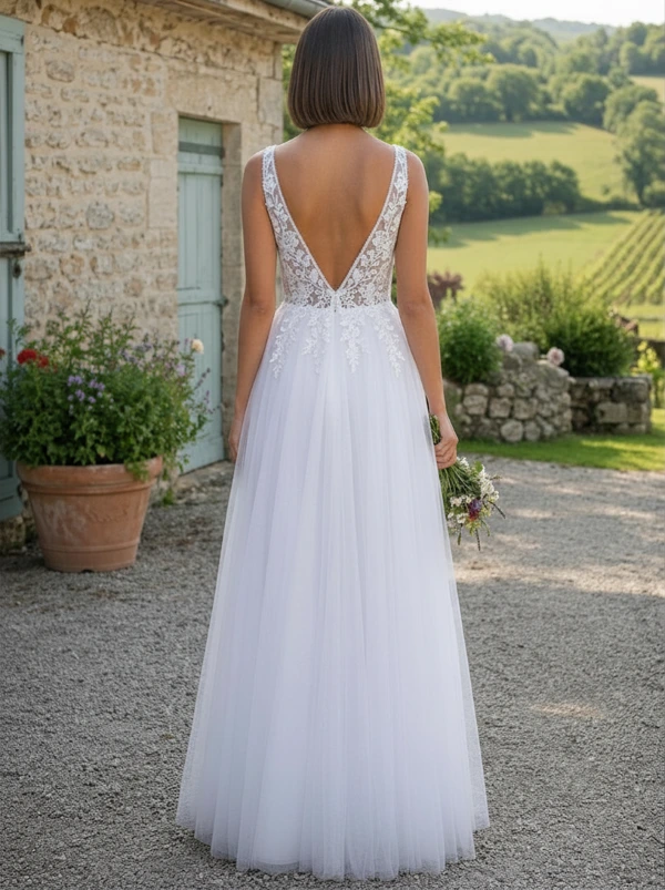 Robe de mariée trapèze MARFIL 8JB1 vue de dos entière, montrant le grand décolleté en V en dentelle et la jupe fluide en tulle et satin.