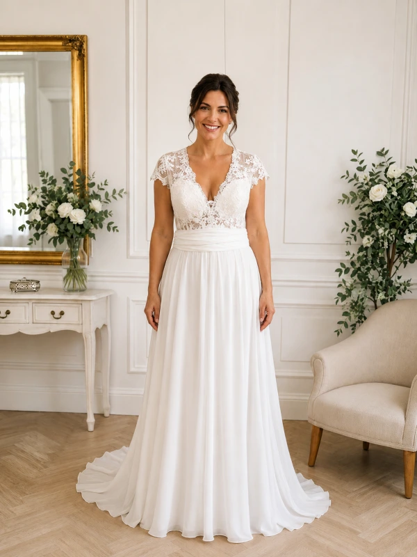 Robe de mariée fluide Blandine de Cymbeline en dentelle ivoire (taille 42) vue de face sur mannequin.