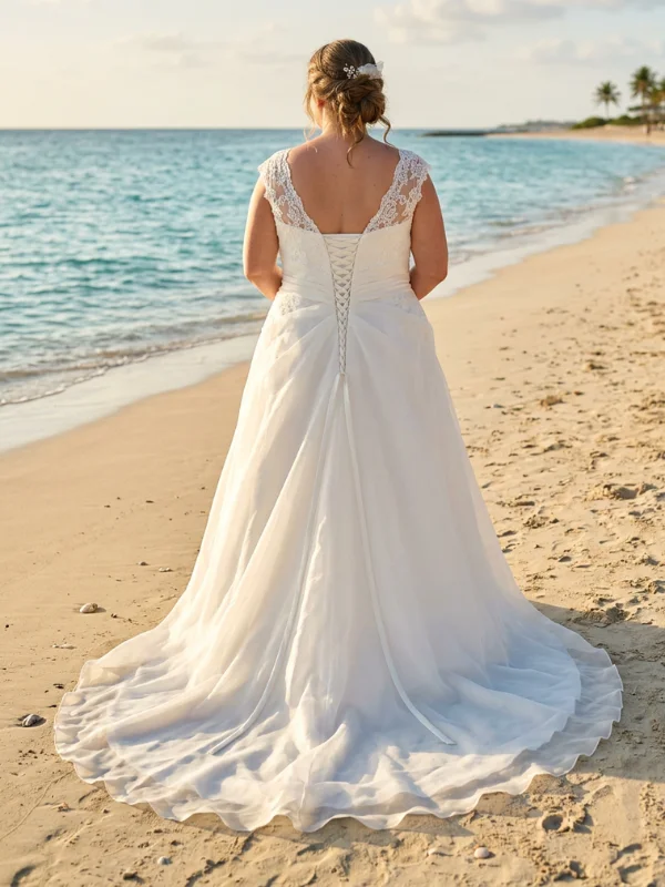 Vue de dos de la robe de mariée grande taille modèle 23807 par Curvy, mettant en valeur le système de laçage ajustable au dos et la traîne en organza sur la plage.