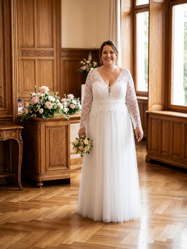 Robe de mariée grande taille trapèze modèle Manon par Curvy by Modeca de face, avec manches en dentelle et jupe en tulle vaporeux, portée par un mannequin.