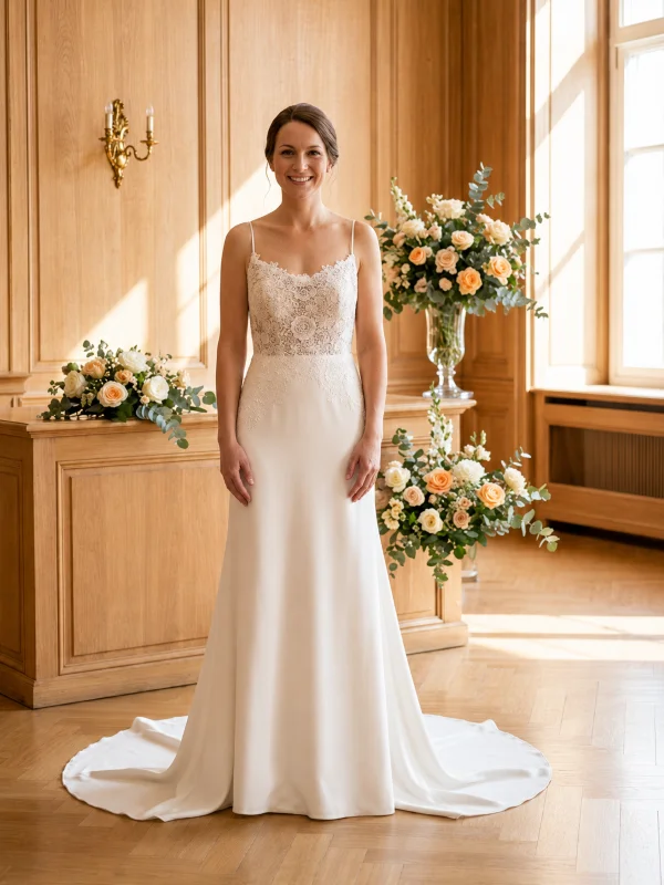 Robe de mariée trapèze en crêpe modèle Levira par Alma Novia de face, avec un haut en dentelle délicate, portée par un mannequin dans un décor élégant.