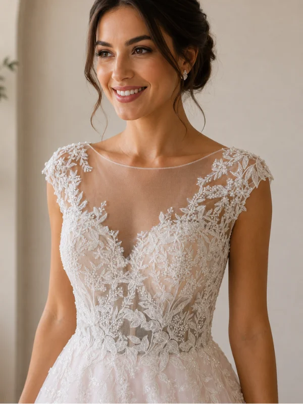Gros plan sur le bustier en dentelle délicate et tulle illusion de la robe de mariée Pivoine par Petite Folie.