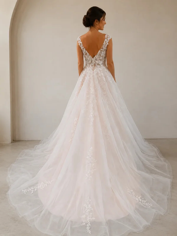 Vue de dos de la robe de mariée princesse modèle Pivoine par Petite Folie, mettant en valeur le décolleté dos et la rangée de boutons perlés sur la traîne en tulle.
