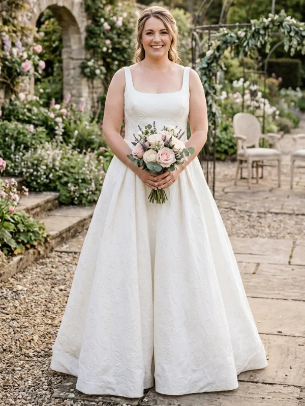 Robe de mariée princesse modèle Hollie par Adriana Alier, en brocard texturé couleur ivoire, vue de face avec un bouquet, lors d'une cérémonie en extérieur.