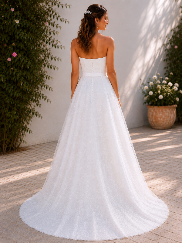 Robe de mariée princesse RP082H par Créatif Paris vue de dos, dotée d'un bustier droit boutonné et d'une traîne en tulle pailleté