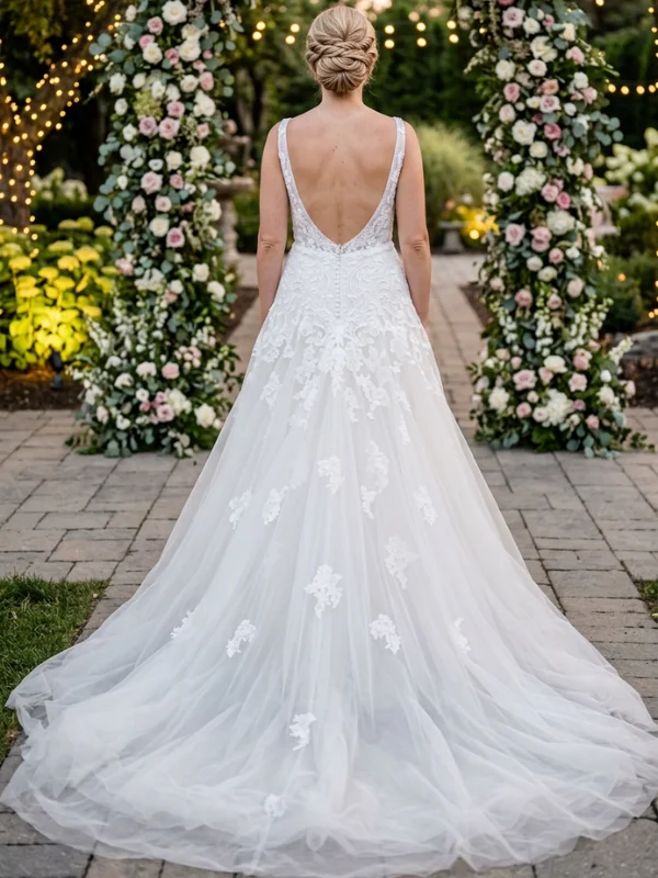 Vue de dos de la robe de mariée princesse modèle Concord par Rosa Clara, montrant le grand décolleté dos en V, la rangée de boutons et la très longue traîne en tulle étalée sur une allée.
