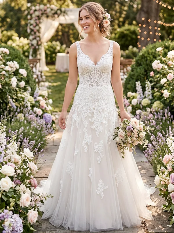 Robe de mariée princesse modèle Concord par Rosa Clara, vue de face, avec bustier en dentelle raffinée et jupe volumineuse en tulle de luxe, portée par un mannequin.