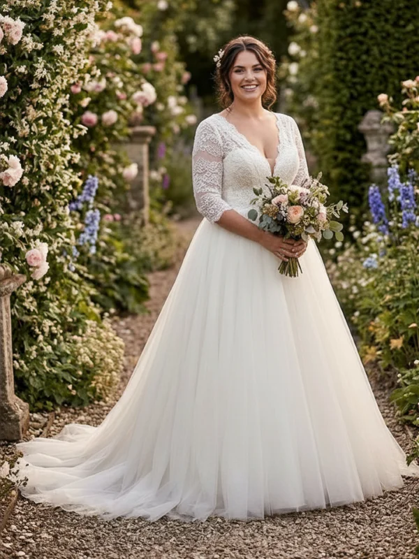 Robe de mariée princesse modèle 23711 par One and Only, vue de face entière sur mannequin avec bustier drapé, broche en strass et jupe volumineuse à volants de tulle.