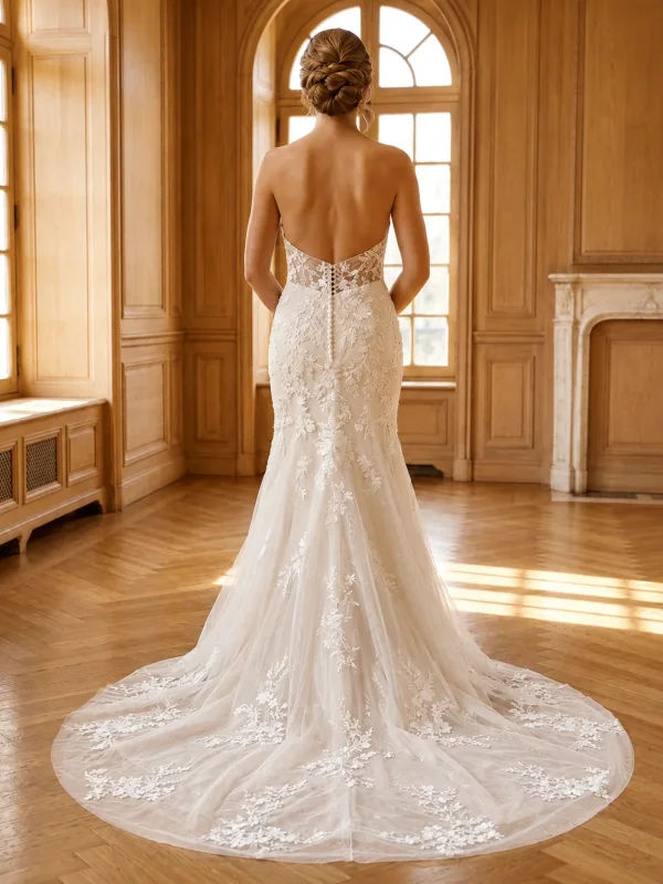 Vue de dos de la robe de mariée sirène modèle Jasmin par Petite Folie, mettant en valeur le dos nu, la rangée de petits boutons et la traîne en tulle ornée de dentelle perlée.