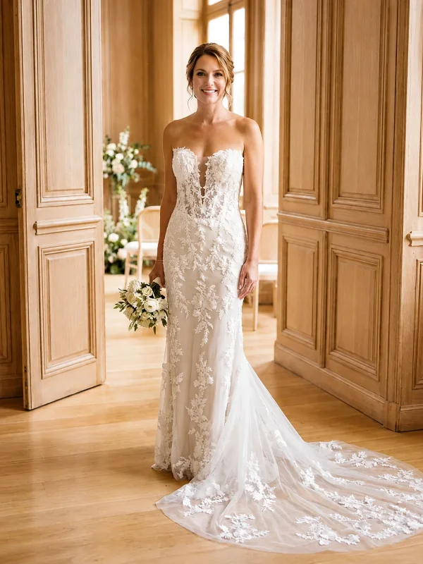 Robe de mariée sirène en dentelle perlée modèle Jasmin de face, avec bustier au décolleté plongeant et traîne travaillée, portée par un mannequin.