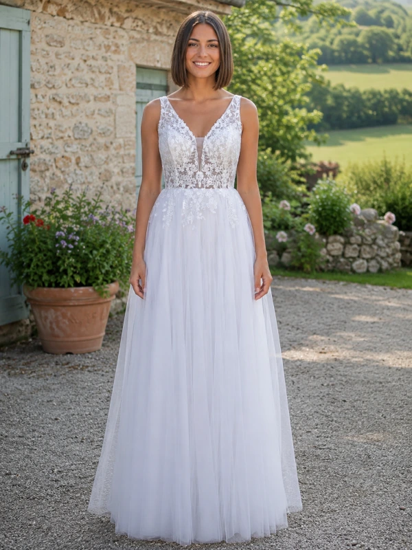 Robe de mariée trapèze en tulle et bustier dentelle MARFIL 8JB1, vue de face entière sur un mannequin.