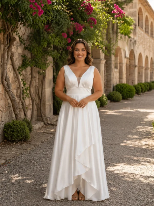 Robe de mariée trapèze en satin de luxe signée Marfil Barcelona modèle 8JH6, coupe minimaliste et intemporelle, vue de face dans un cadre élégant.