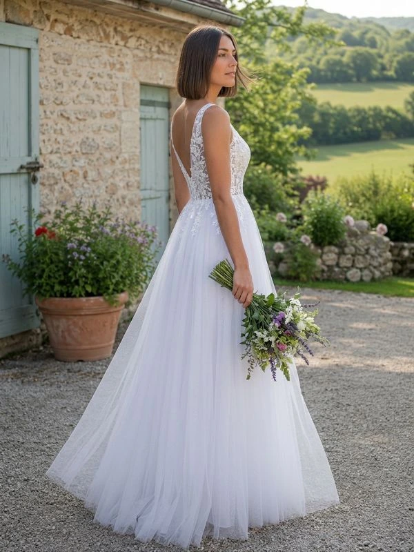 Robe de mariée trapèze en tulle et satin MARFIL 8JB1 vue de profil et de trois-quarts dos, avec son bouquet de mariée.