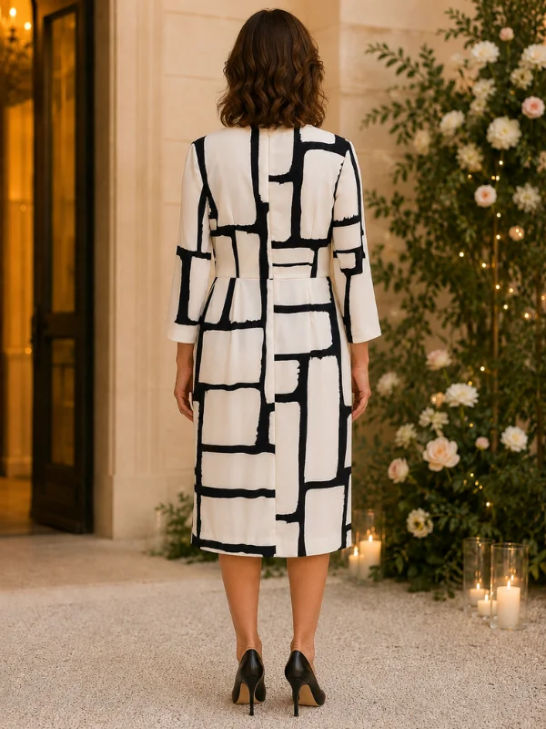 Vue de dos de la robe de cocktail Carla Ruiz modèle 196560 blanche et noire avec motif géométrique continu