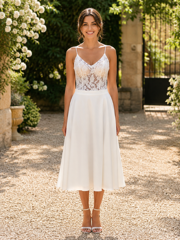 Robe de mariée courte Rita de Te Amo en satin, vue de face sur mannequin, taille 38, vendue par Petite Folie Mariage.