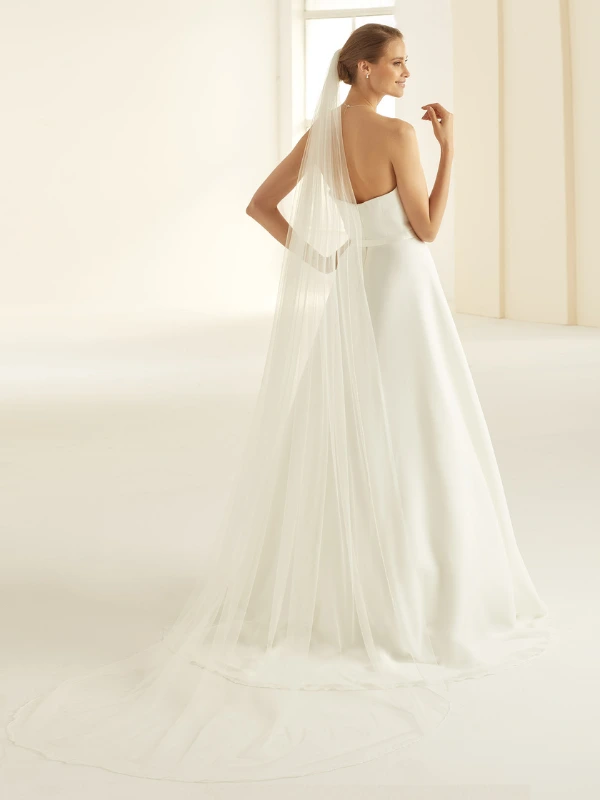Voile de mariée long 250 cm avec bordure en perles de verre, couleur ivoire, modèle S310 Bianco Evento