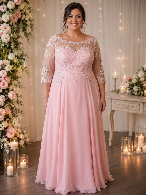Robe de cocktail longue rose blush NY2819 de Fashion New York avec bustier et manches 3/4 en dentelle et jupe en mousseline, vue de face.